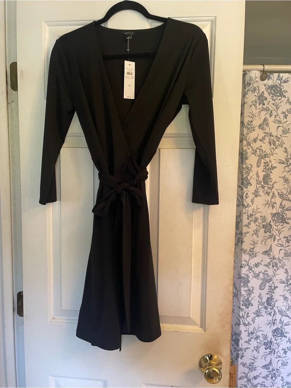 Ann Taylor Black Long-Sleeve Wrap Dress with Tie 3/4 length sleeves